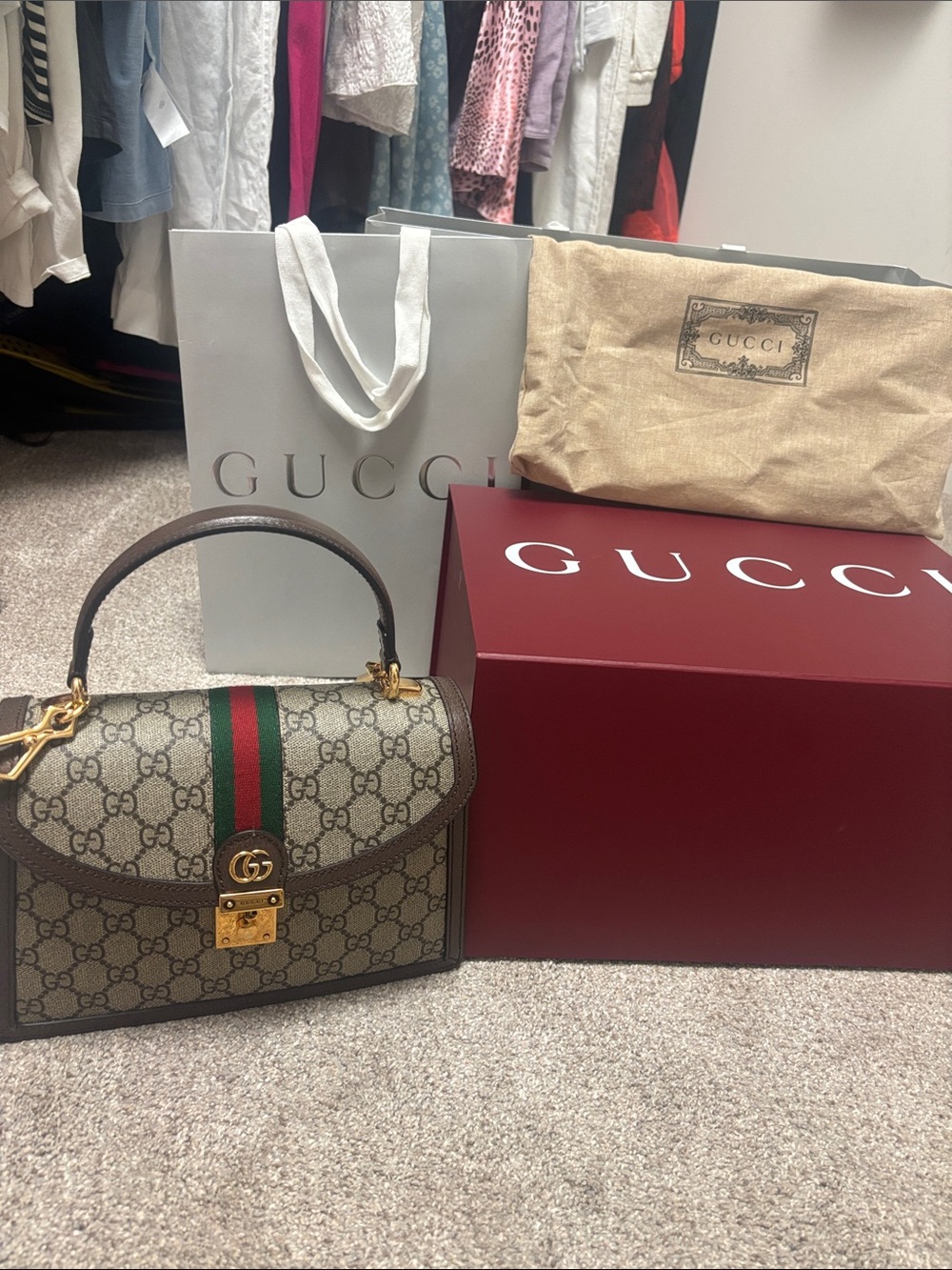 Gucci Ophidia Brown GG Supreme Top Handle Satchel with Green-Red Stripe